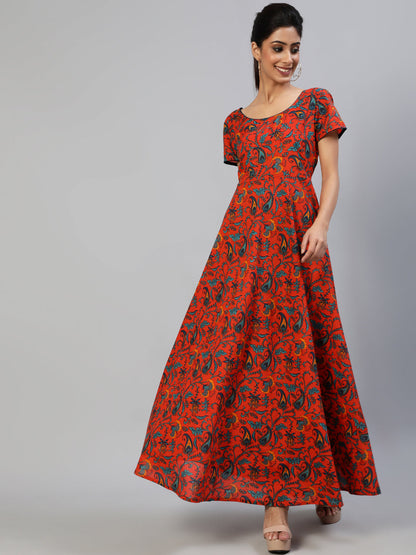Women's Red Printed Flared Maxi Dress