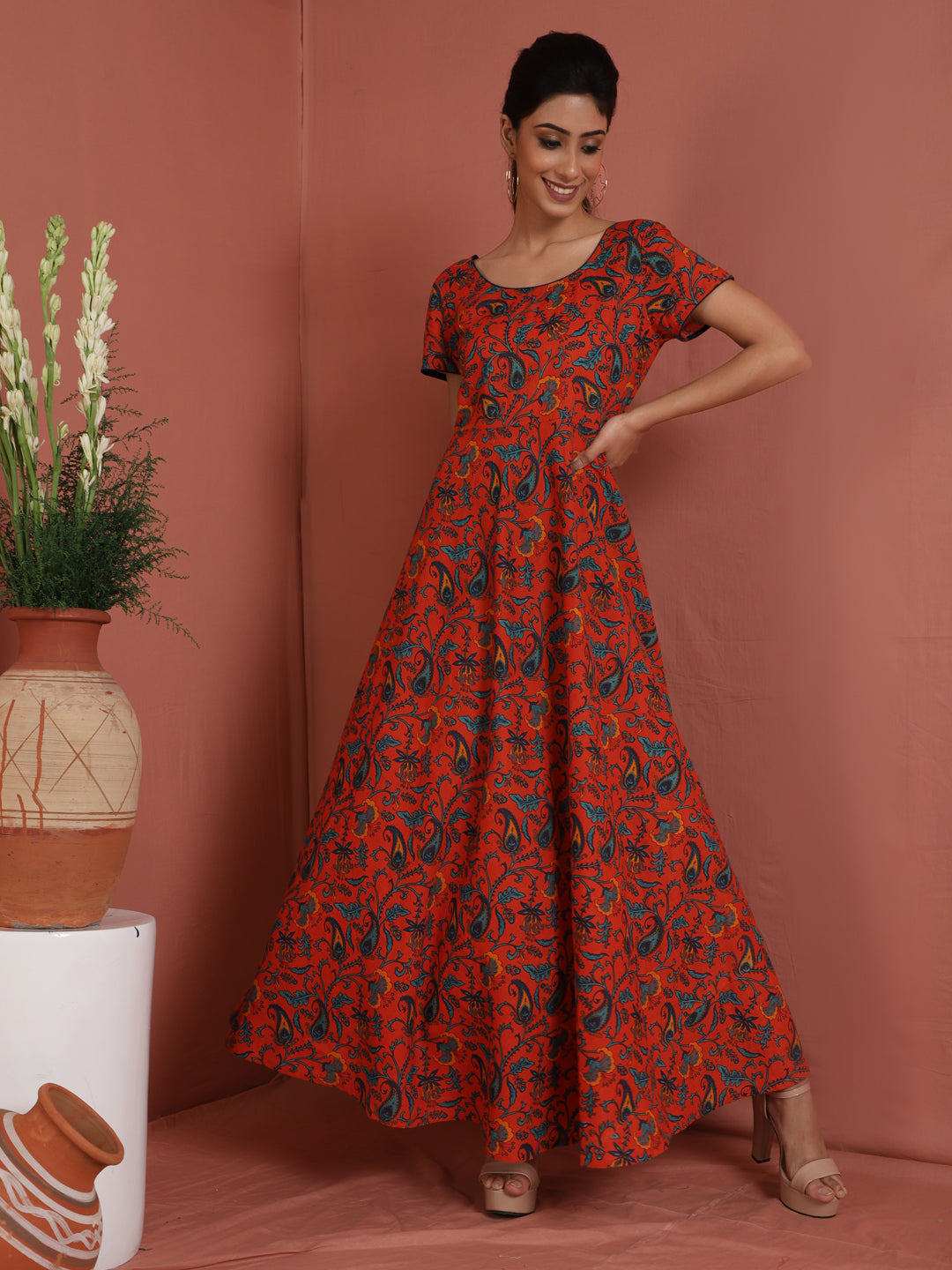 Women's Red Printed Flared Maxi Dress