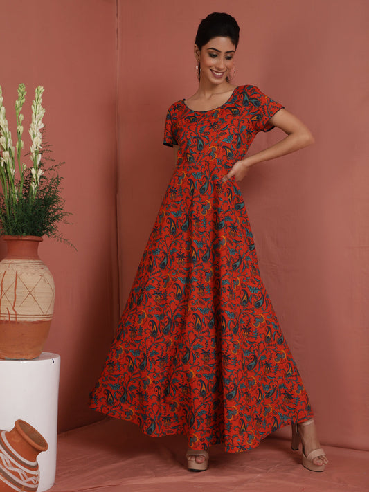 Women's Red Printed Flared Maxi Dress