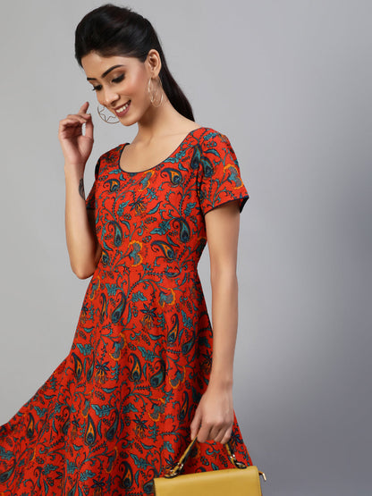 Women's Red Printed Flared Maxi Dress