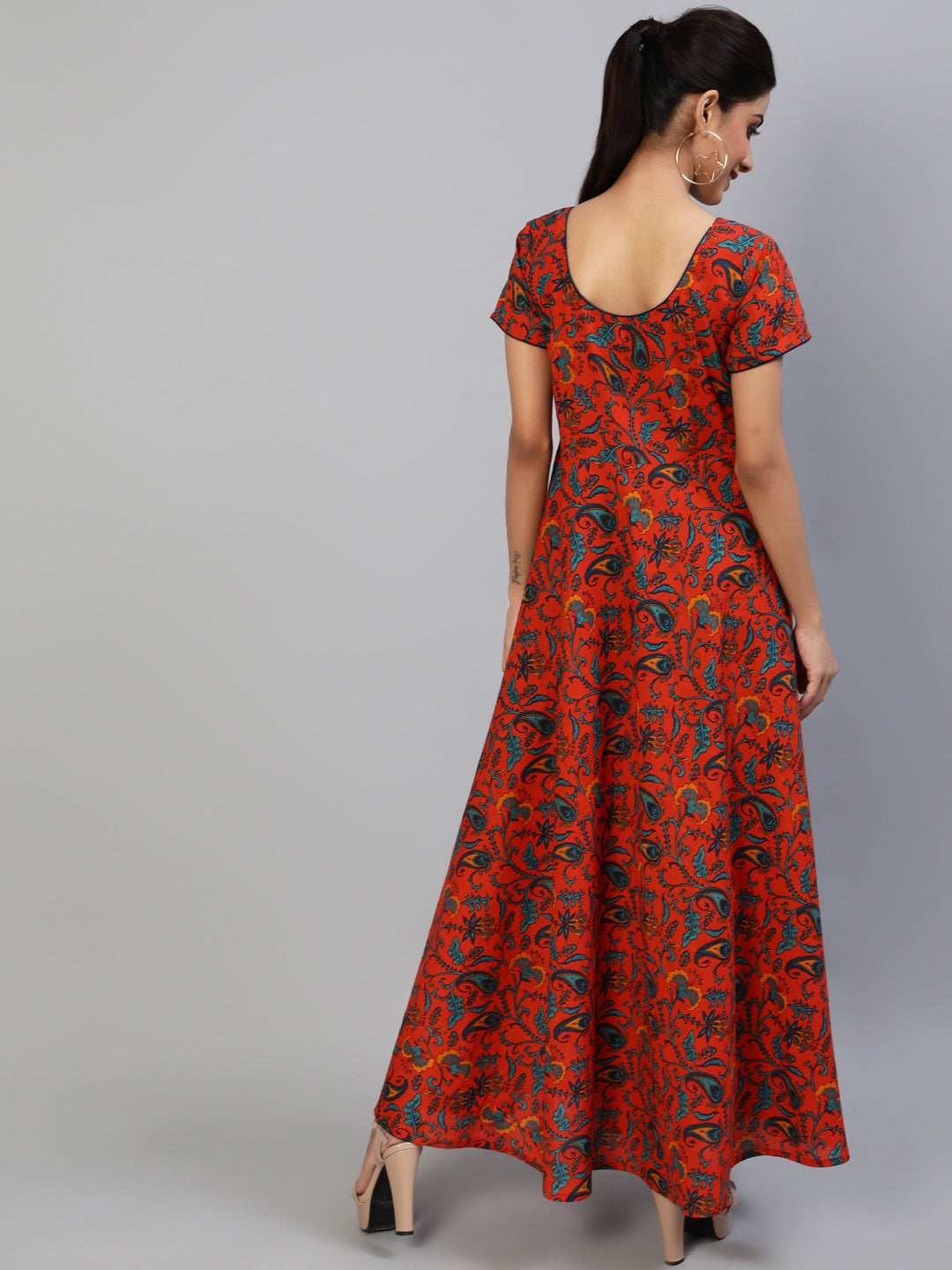 Women's Red Printed Flared Maxi Dress