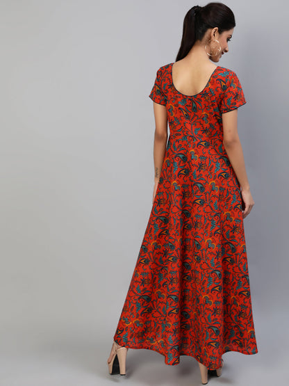 Women's Red Printed Flared Maxi Dress