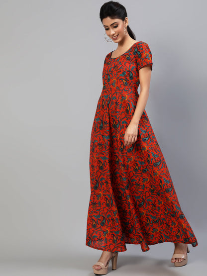Women's Red Printed Flared Maxi Dress