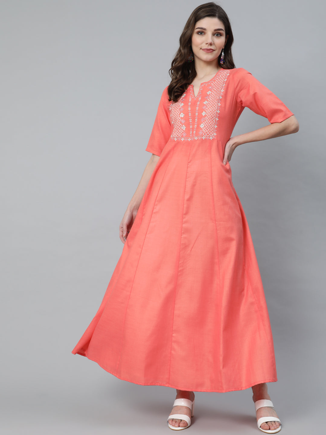 Women's Peach Embroidered Flared Maxi Dress