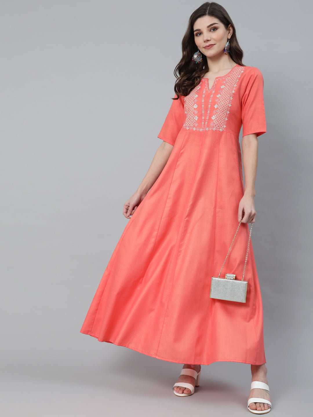 Women's Peach Embroidered Flared Maxi Dress