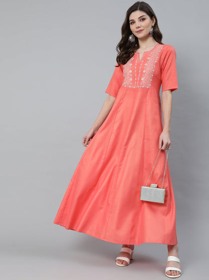 Women's Peach Embroidered Flared Maxi Dress