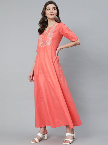 Women's Peach Embroidered Flared Maxi Dress