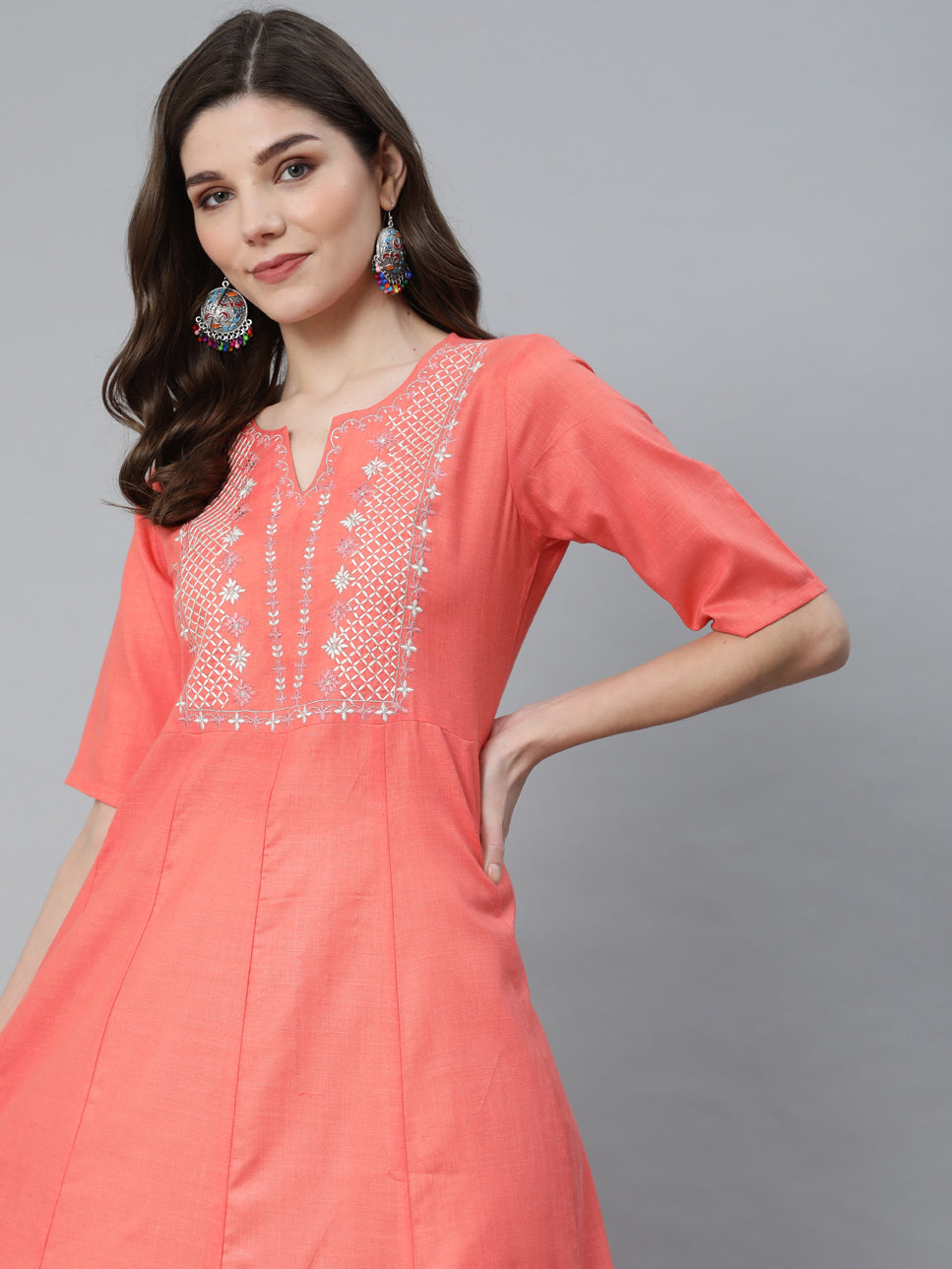 Women's Peach Embroidered Flared Maxi Dress