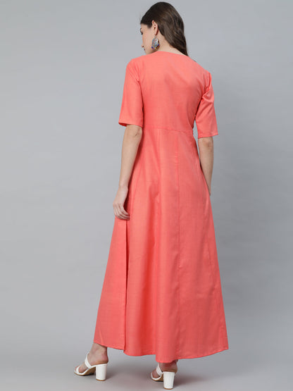 Women's Peach Embroidered Flared Maxi Dress