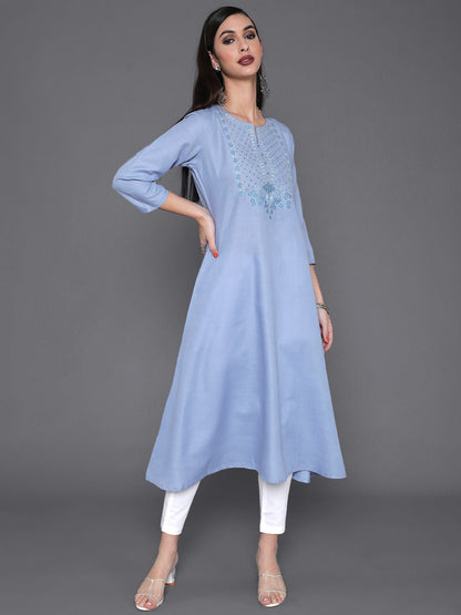 Women's Blue Embroidered A-Line Kurta