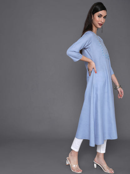 Women's Blue Embroidered A-Line Kurta