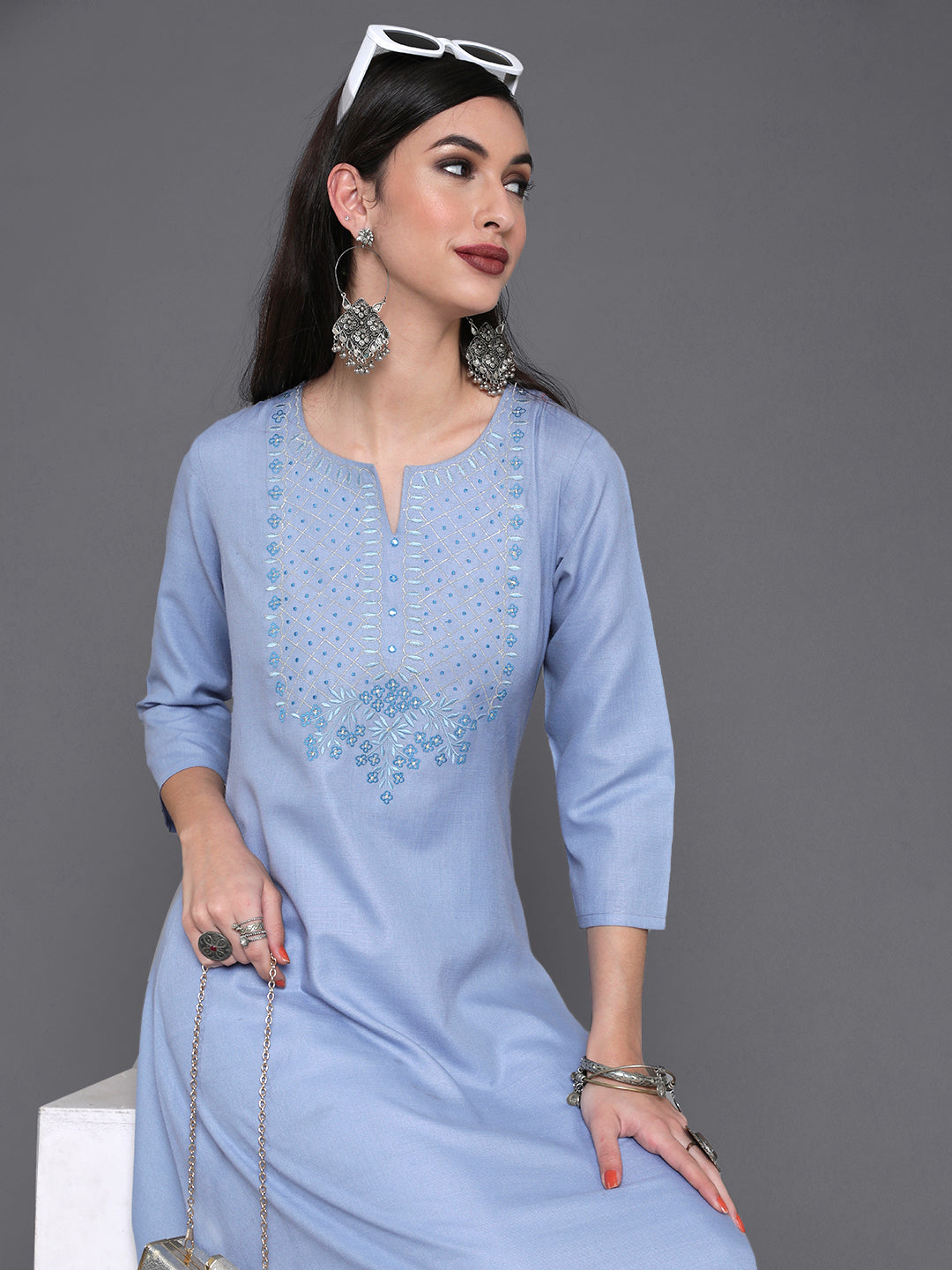 Women's Blue Embroidered A-Line Kurta