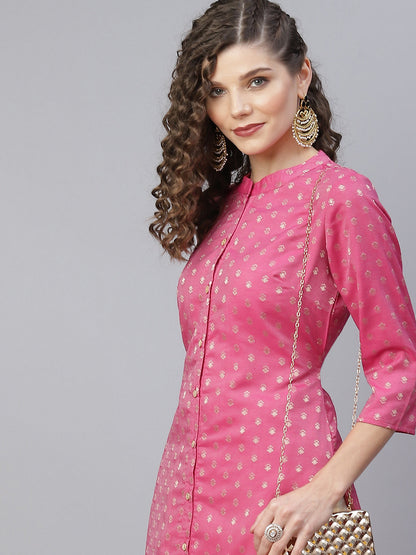 Women's Pink Woven Designed Kurta