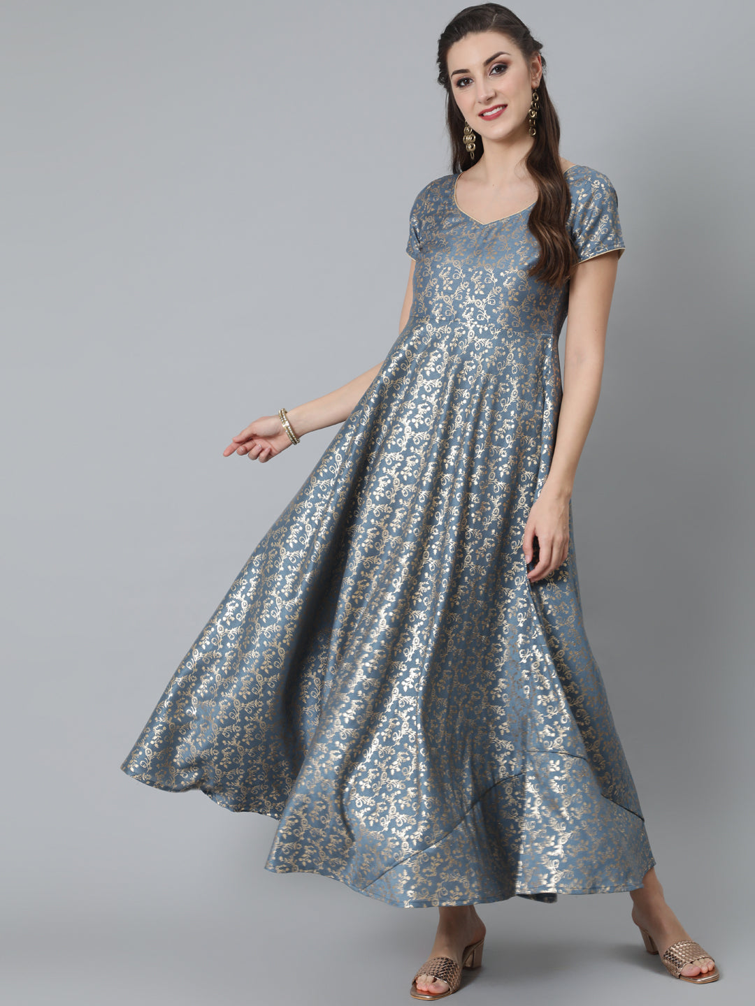 Women's Grey Foil Print Flared Dress