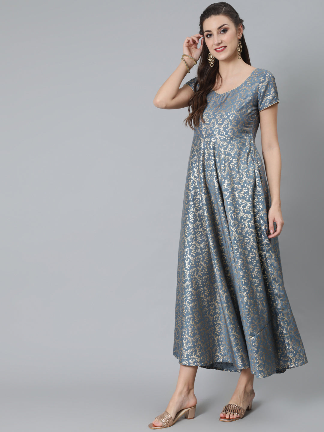 Women's Grey Foil Print Flared Dress