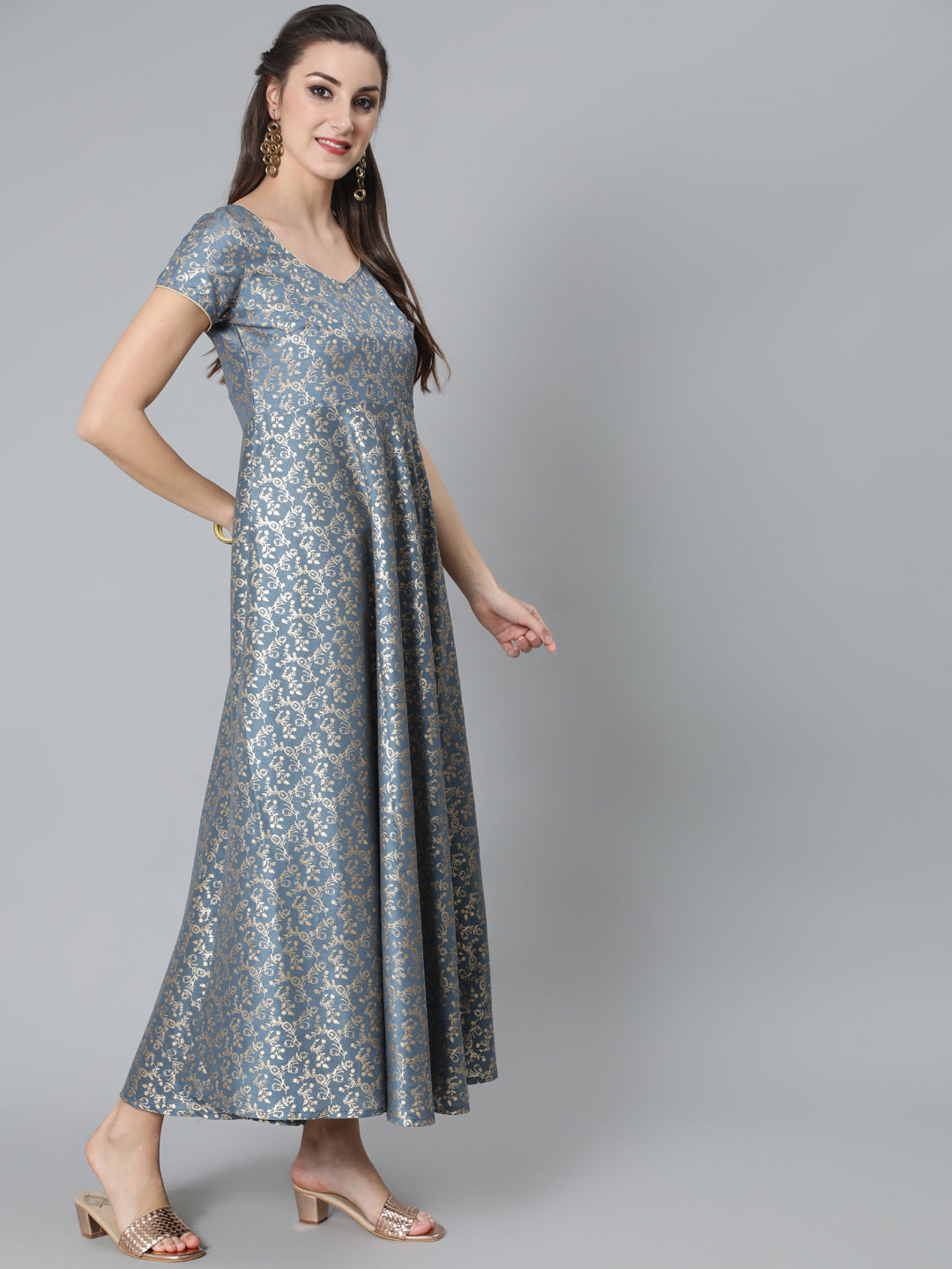 Women's Grey Foil Print Flared Dress