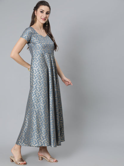 Women's Grey Foil Print Flared Dress