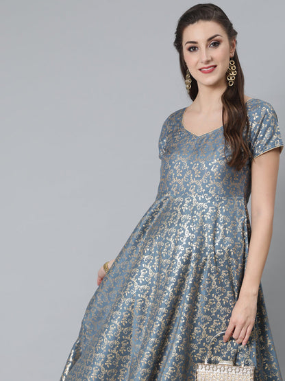 Women's Grey Foil Print Flared Dress
