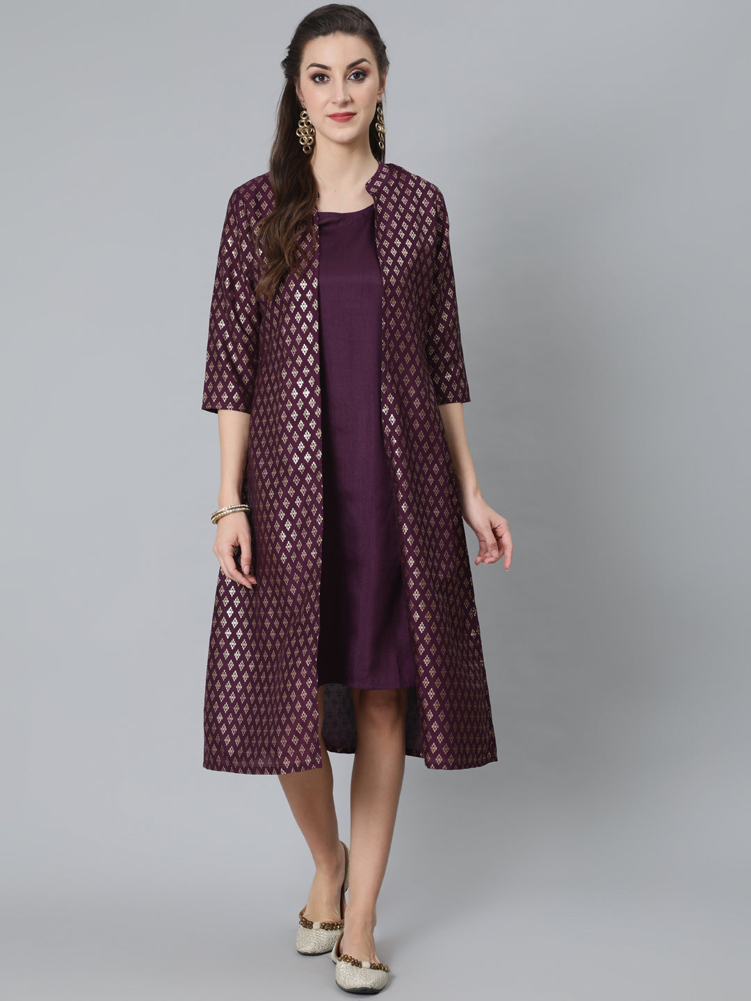 Women's Purple Foil Printed A-Line Dress With Jacket