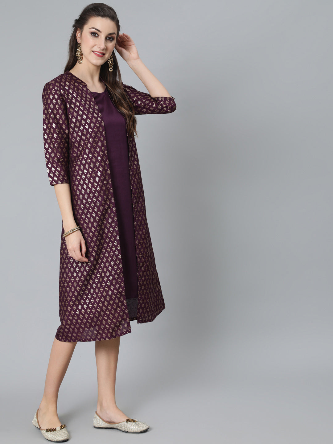 Women's Purple Foil Printed A-Line Dress With Jacket