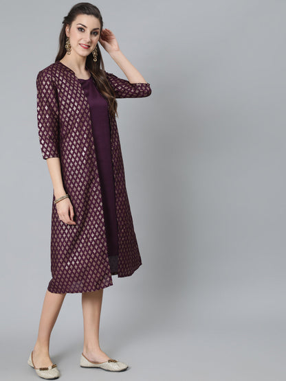 Women's Purple Foil Printed A-Line Dress With Jacket