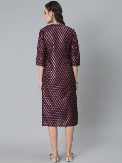 Women's Purple Foil Printed A-Line Dress With Jacket
