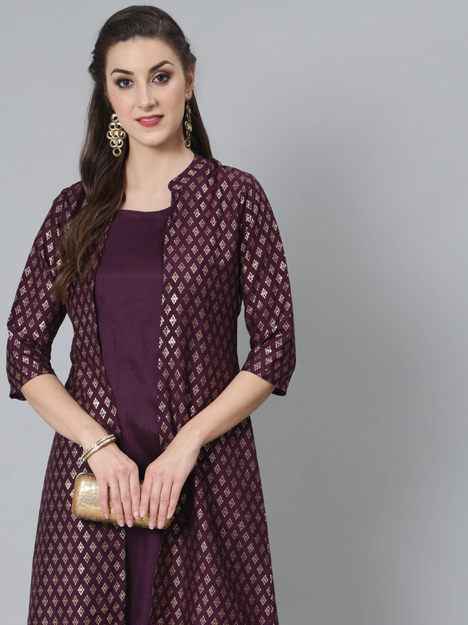 Women's Purple Foil Printed A-Line Dress With Jacket