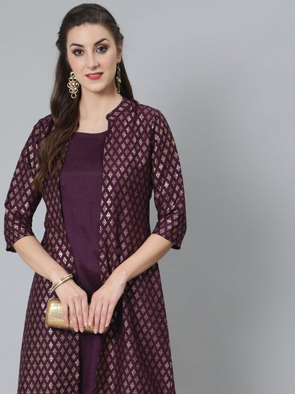 Women's Purple Foil Printed A-Line Dress With Jacket