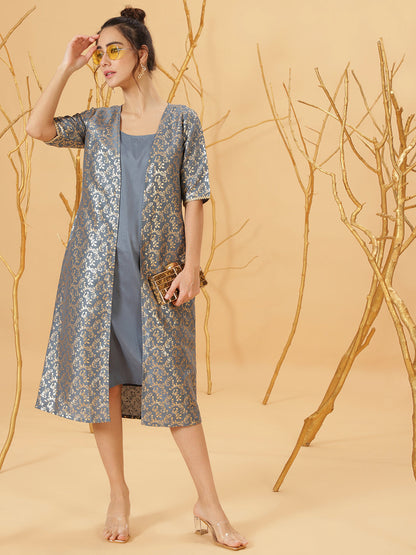 Women's Grey Foil Printed A-Line Dress With Jacket