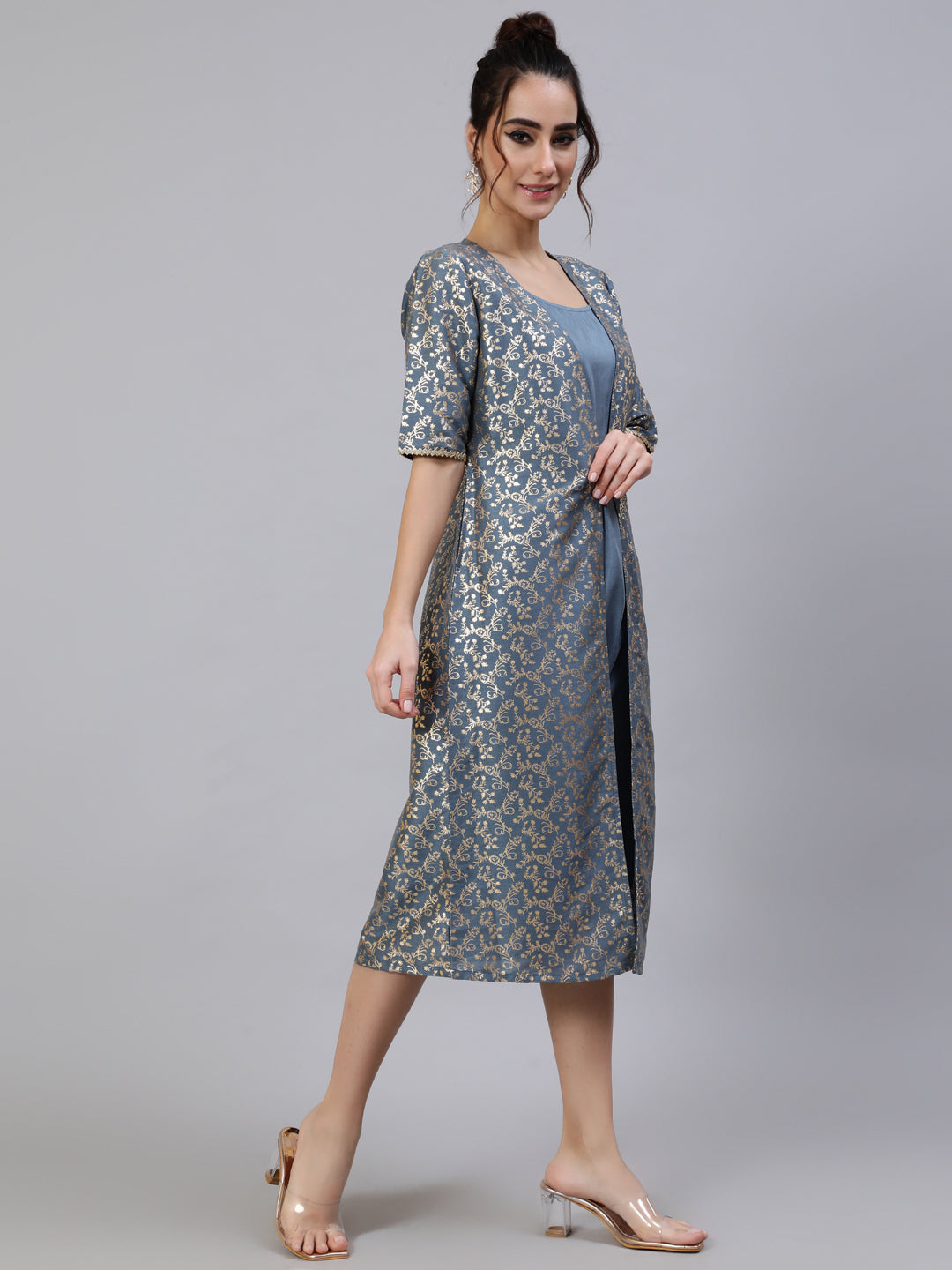 Women's Grey Foil Printed A-Line Dress With Jacket