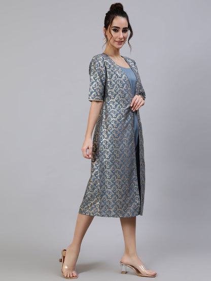 Women's Grey Foil Printed A-Line Dress With Jacket