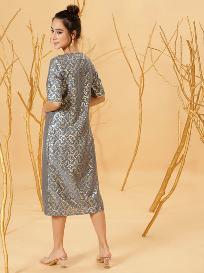 Women's Grey Foil Printed A-Line Dress With Jacket