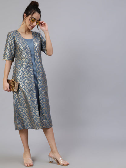 Women's Grey Foil Printed A-Line Dress With Jacket