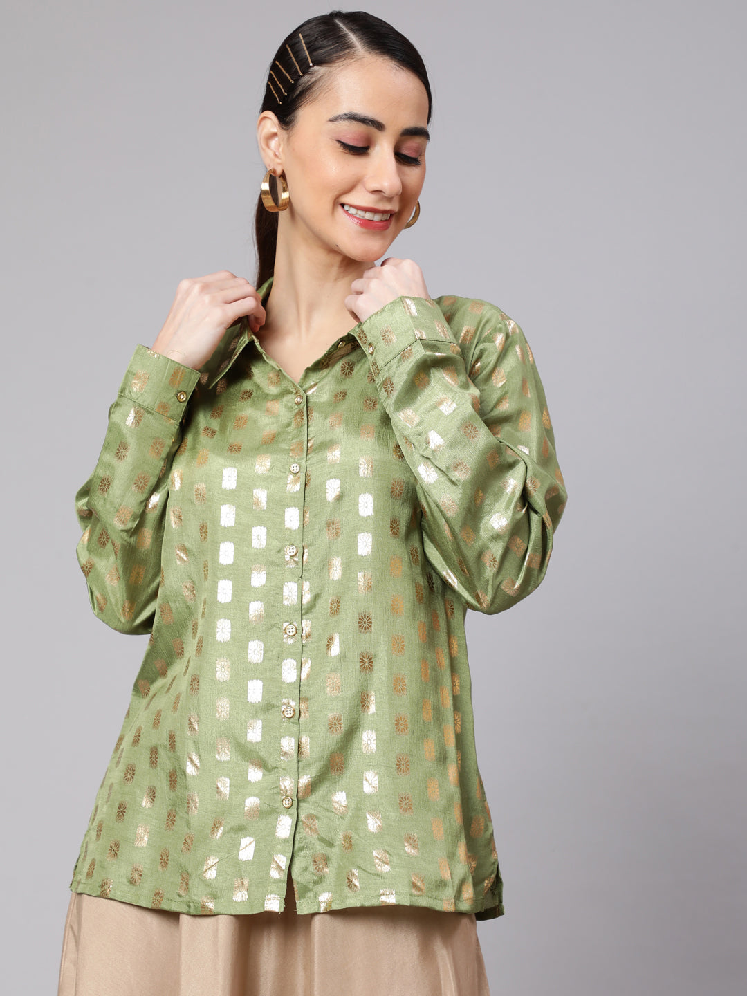 Women's Green Foil Printed Shirt
