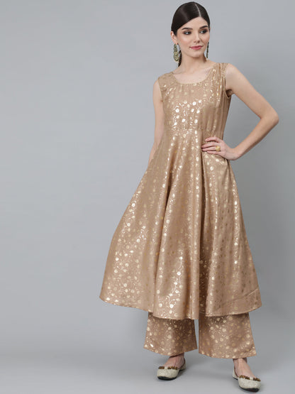 Women's Beige Foil Printed Sleeveless Anarkali