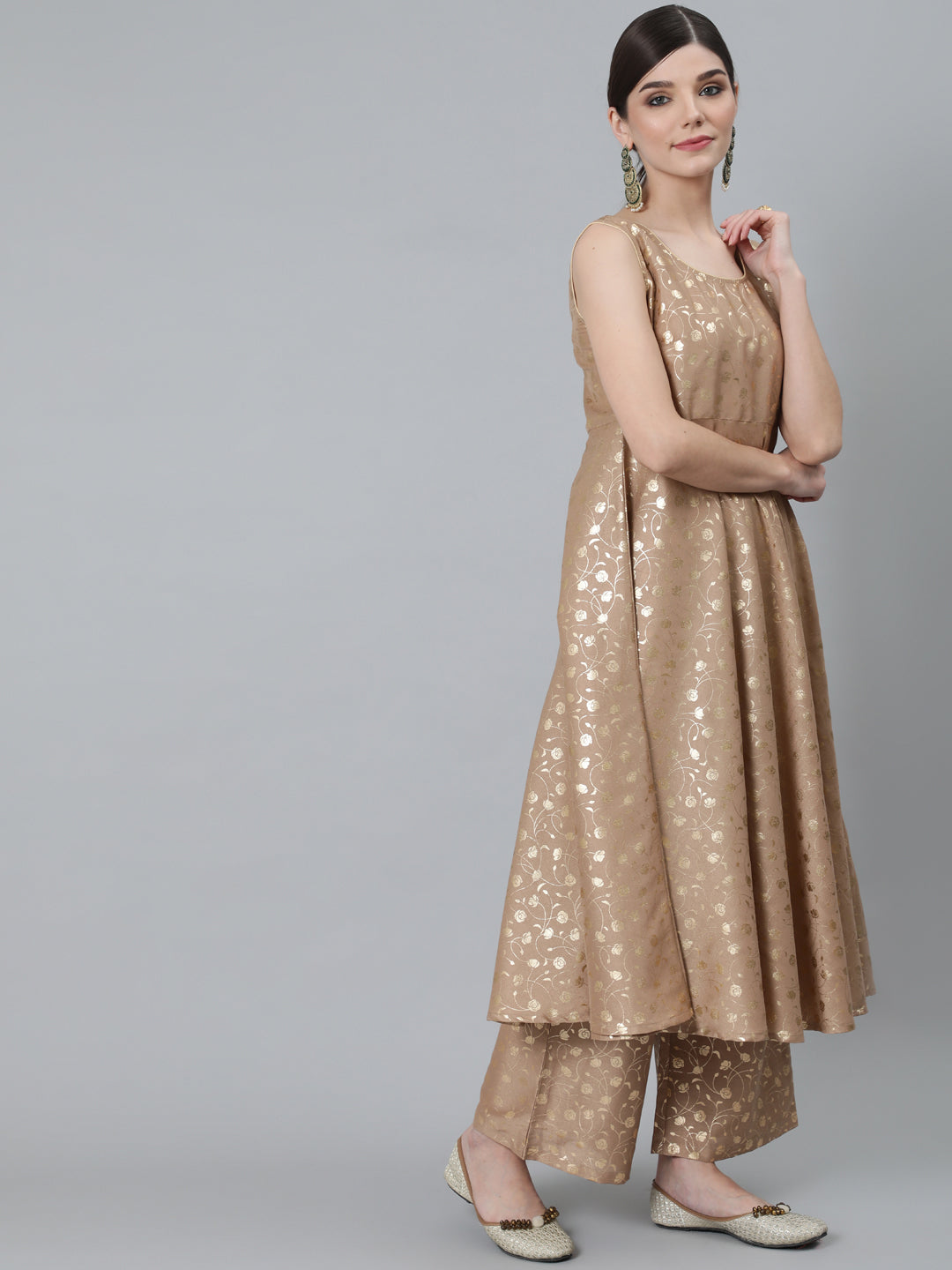 Women's Beige Foil Printed Sleeveless Anarkali