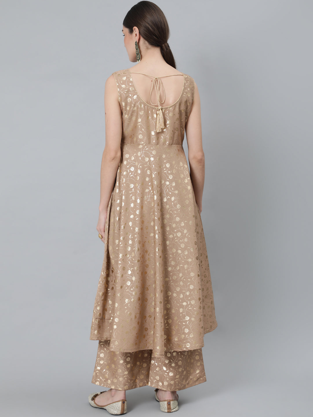 Women's Beige Foil Printed Sleeveless Anarkali