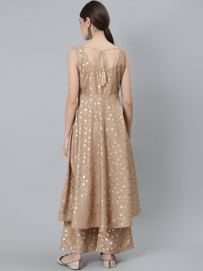 Women's Beige Foil Printed Sleeveless Anarkali