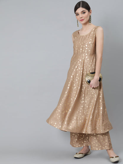 Women's Beige Foil Printed Sleeveless Anarkali