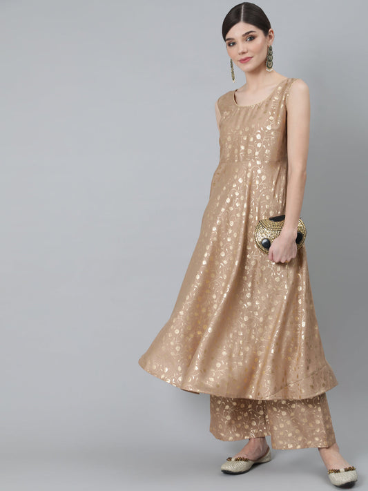 Women's Beige Foil Printed Sleeveless Anarkali