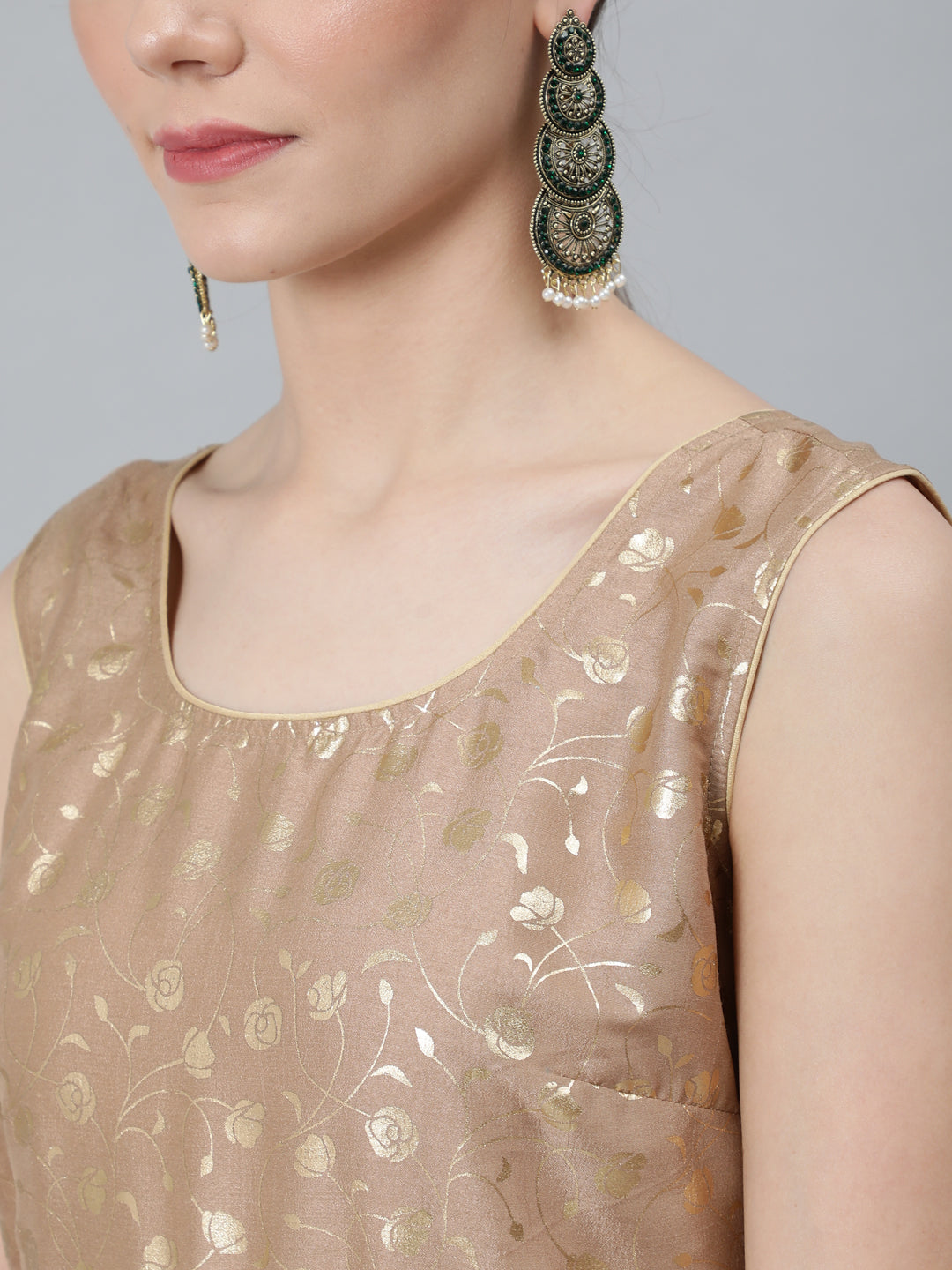 Women's Beige Foil Printed Sleeveless Anarkali