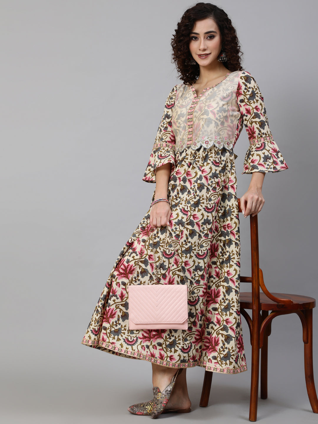 Women's Cream Floral Print Maxi Dress