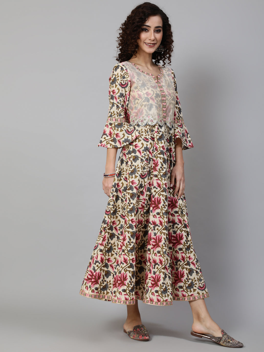 Women's Cream Floral Print Maxi Dress
