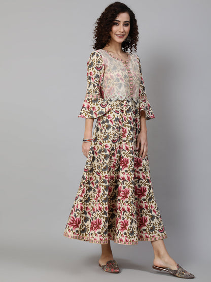 Women's Cream Floral Print Maxi Dress