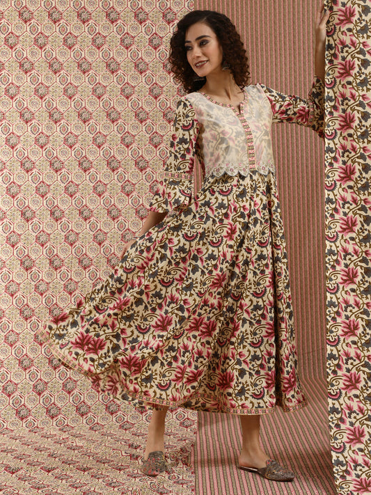 Women's Cream Floral Print Maxi Dress