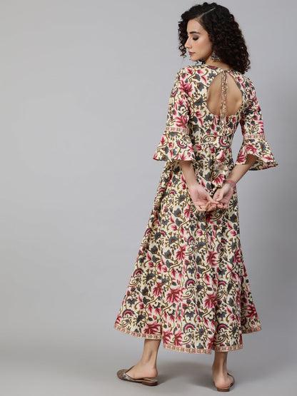 Women's Cream Floral Print Maxi Dress