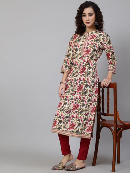 Women's Cream Floral Print Straight Kurta