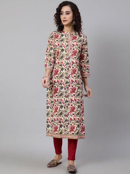Women's Cream Floral Print Straight Kurta