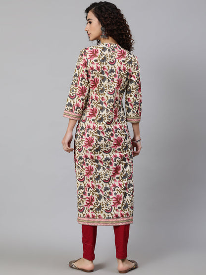 Women's Cream Floral Print Straight Kurta