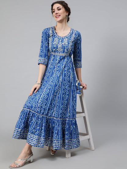 Women's Blue Bandhani Print Maxi Dress